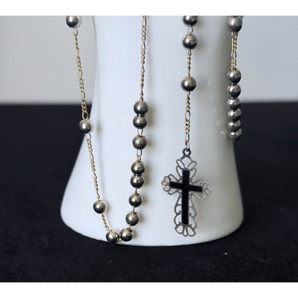 Vintage Catholic Rosary  17” Silver Beads Gold Tone Chain, Mary Medal & Crucifix - Picture 10 of 10